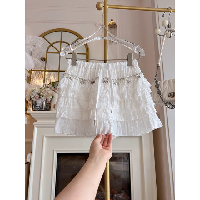 2025 summer super fairy sweet spliced ​​lace shirt skirt women's high waist heavy industry diamond inlaid versatile cake skirt short skirt