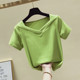 Green V-neck slim short-sleeved women's T-shirt 2025 summer new Korean version white half-sleeved ins internet celebrity short top
