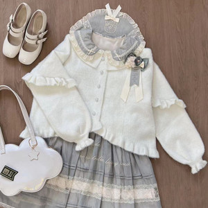 [Little Soft Cake] Autumn and winter bubble sleeve soft sweater thick jacket lolita soft girl cute outer lace cardigan