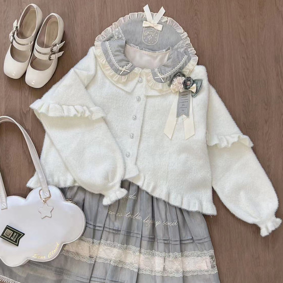 [Little Soft Cake] Autumn and winter bubble sleeve soft sweater thick jacket lolita soft girl cute outer lace cardigan