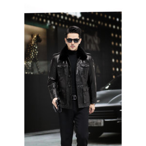 
Haining genuine leather first-layer calfskin jacket mulberry silk lining leather jacket mid-length men's retro hunting jacket