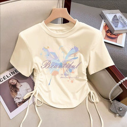 Summer New Drawstring Short-Sleeve Girls' T-Shirt, Children's Half-Sleeve Top for Girls, Cute and Stylish Loose Summer Clothing