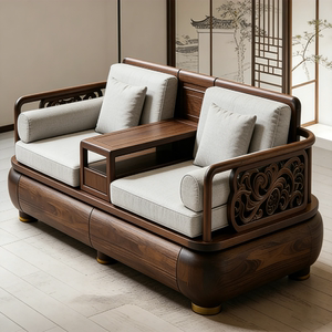 
New Chinese style North American black walnut Zen carved living room office solid wood sofa Song style aesthetic furniture