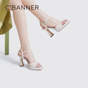 Qianbaidu women's shoes summer new fashion sandals customized super high heel sandals one-strip thick heel genuine leather