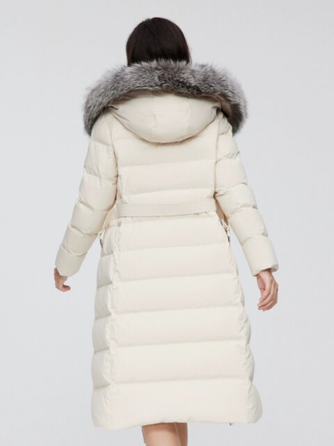 Bosideng Outlet women's long hooded classic business fur collar belt design slim down jacket