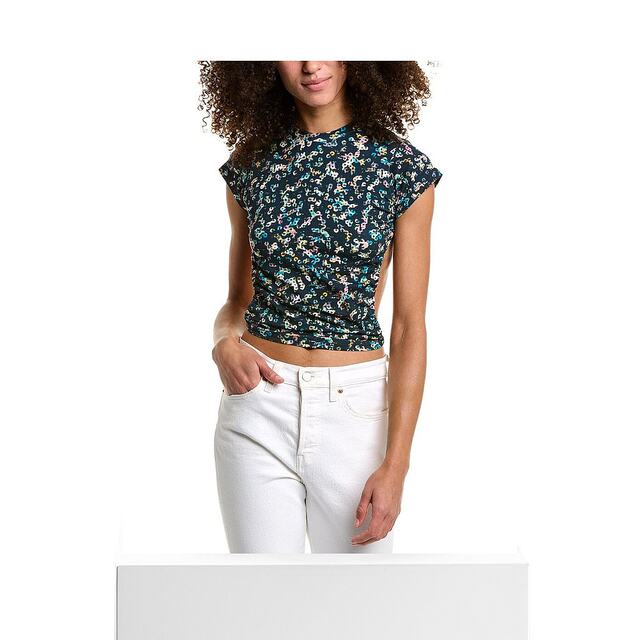 isabel marant women's shirt denim stand collar top short sleeves backless casual