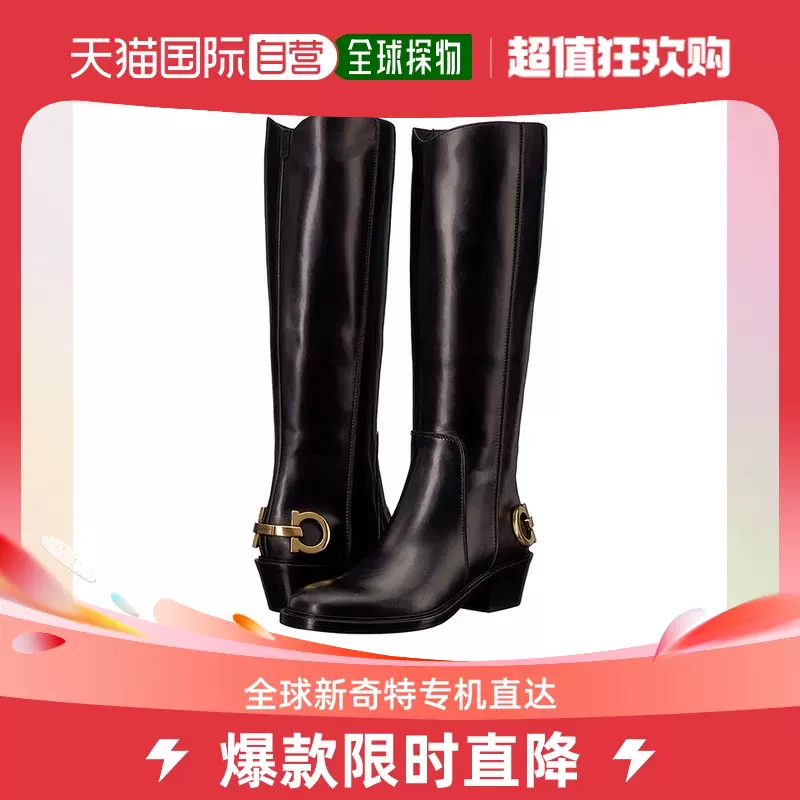 香港直邮SALVATORE FERRAGAMO 女士黑色皮革长筒靴子0705523-Taobao