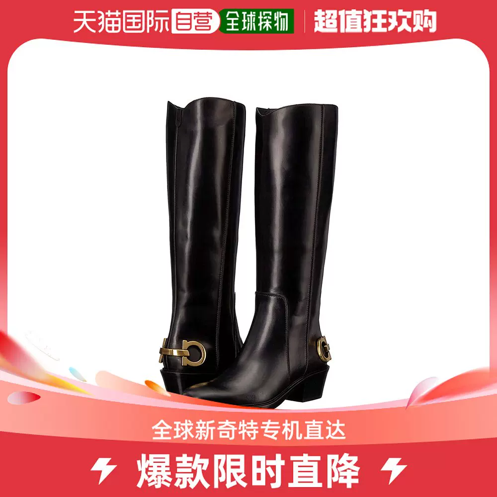 香港直邮SALVATORE FERRAGAMO 女士黑色皮革长筒靴子0705523-Taobao