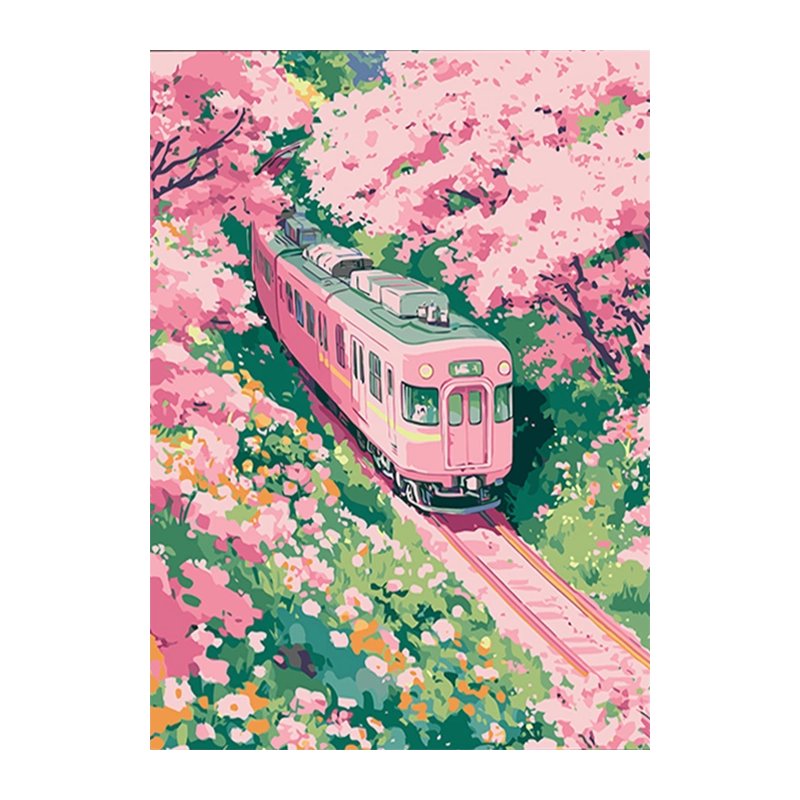 春雪 油彩画 春日列车莫奈花园风景数字油画diy高颜值填充填色丙烯