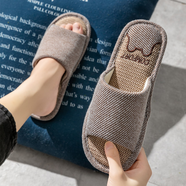 Men's breathable linen slippers for indoor home non-slip soft sole silent sweat-absorbent spring and autumn four-season cotton and linen shoes for women