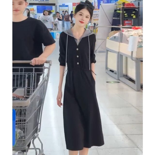 Autumn new women's fake two pieces of stitching long -sleeved dress women's casual temperament, waist, thin middle long skirt