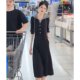 Autumn new women's fake two pieces of stitching long -sleeved dress women's casual temperament, waist, thin middle long skirt