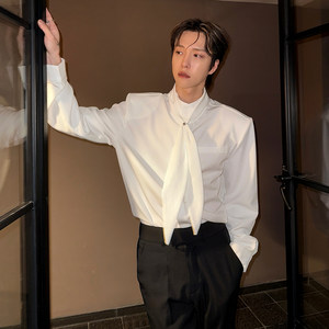 
Men's clothing, autumn French retro stand-up tie, white shirt, men's long-sleeved shirt, shirt temperament top