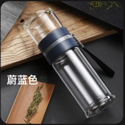 Kuangdi Double-Layer Thickened Glass Tea Cup for Men and Women, with Tea and Water Separation, Golden Business Style with Carrying Strap, Portable High Borosilicate Glass Cup