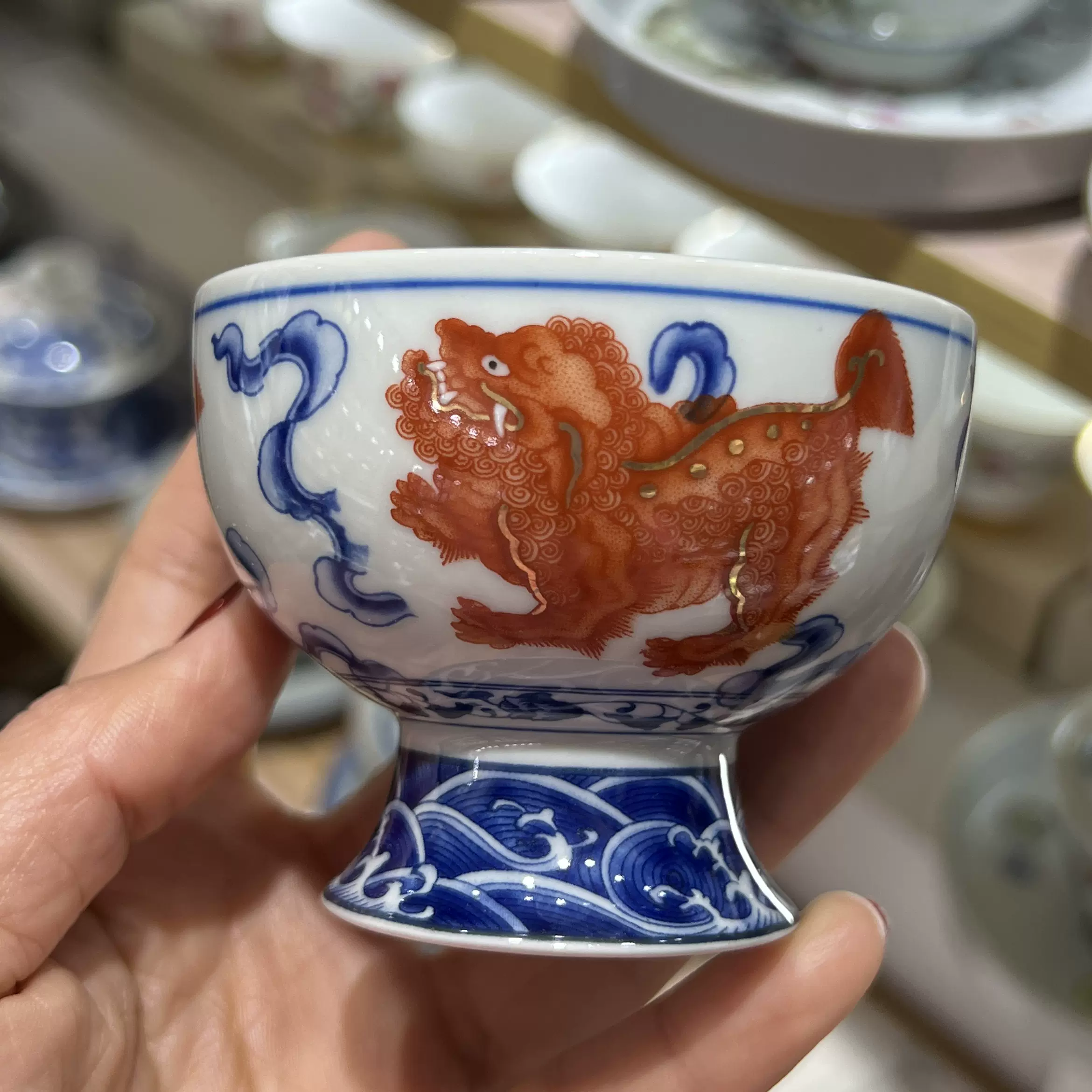 景德镇复古陶瓷茶杯青花狮子高足杯品茗杯子主人杯单杯