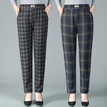 New spring and autumn style middle-aged and elderly mothers' pants loose casual middle-aged women's straight pants plaid pants
