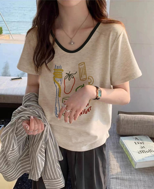 American retro V-neck short-sleeved T-shirt for women in summer new white and gray bamboo joint cotton slim design top