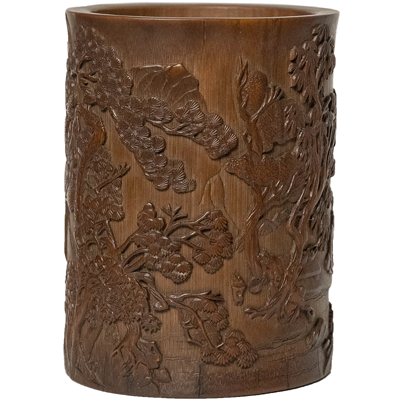 期間限定特価T02876 竹製人物彫筆筒 約585ｇ：真作 木工、竹工芸