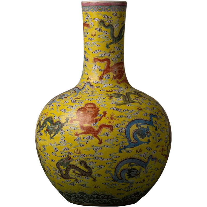 早期割引中国古玩 清代 黄釉粉彩龍紋天球瓶 清