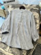 Exquisite slack feeling ~ round neck half-open sleeved grey blue woven striped A-spoke linen shirt top
