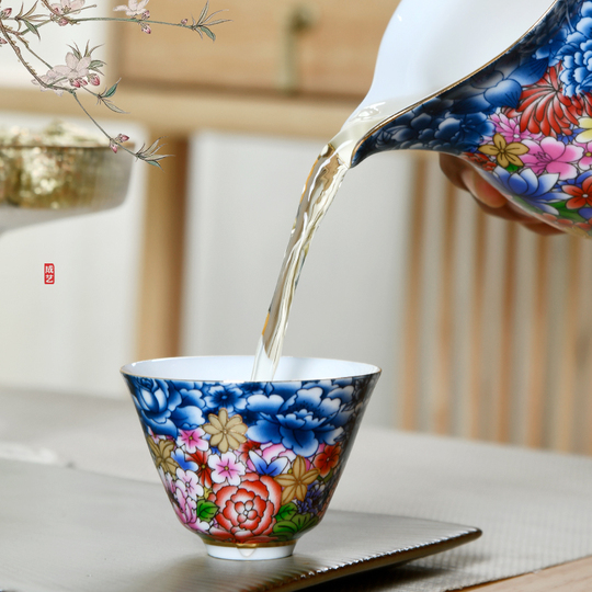 陳義磁器 功夫茶セット - 手描エナメル - 徳化
