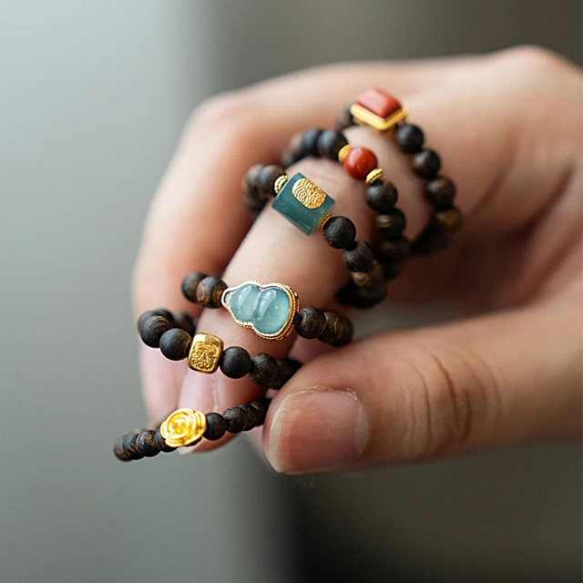 Original handmade natural Qi Nan agarwood millet bead ring jade gourd Zakiram wealth bead ring green