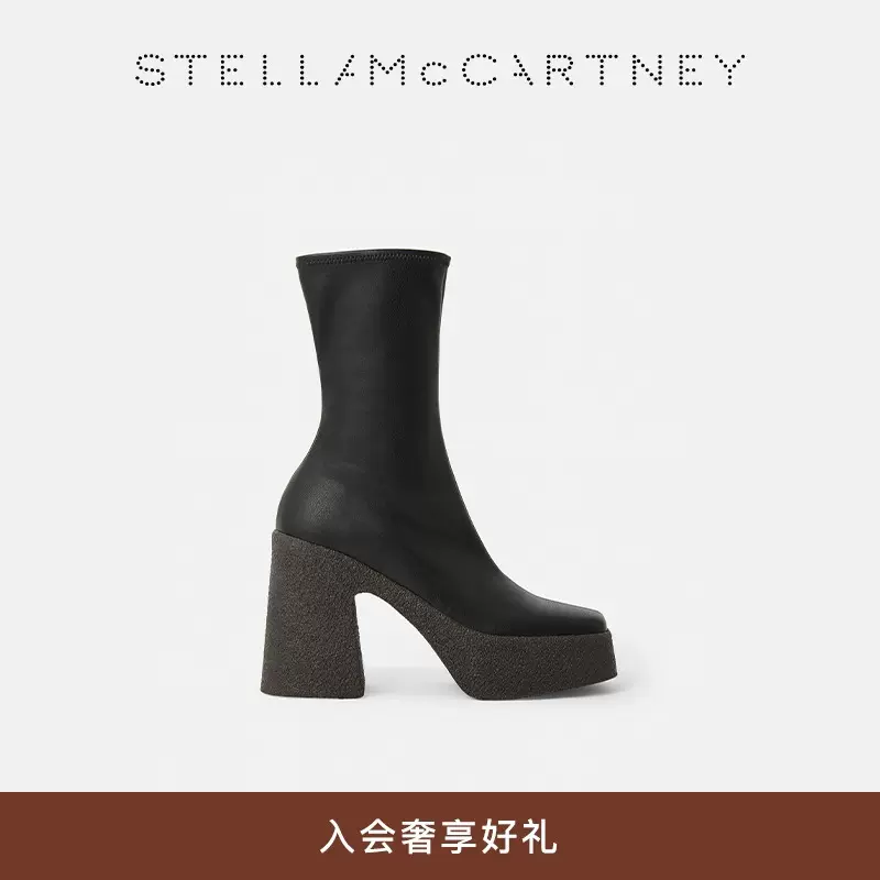 【圣诞礼品】Stella McCartney黑色高跟靴拉链开合粗跟防水台踝靴-Taobao