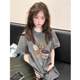 American retro fun printed gray front shoulder short-sleeved T-shirt for women 2025 summer new loose half-sleeved top trendy
