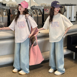 Girls' Short-Sleeved T-Shirt Summer Outfit for Older Girls, Korean Style Clothing, Children's Half-Sleeve T-Shirt, Pure Cotton Top for Girls, Trendy T-Shirt