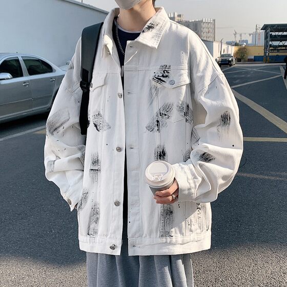 
Graffiti denim jacket men's spring and autumn loose and versatile Hong Kong fashion brand design niche handsome casual splash-ink jacket