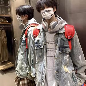 
American tie-dye ripped denim jacket for men spring and autumn new loose bf high street college style couple jacket handsome