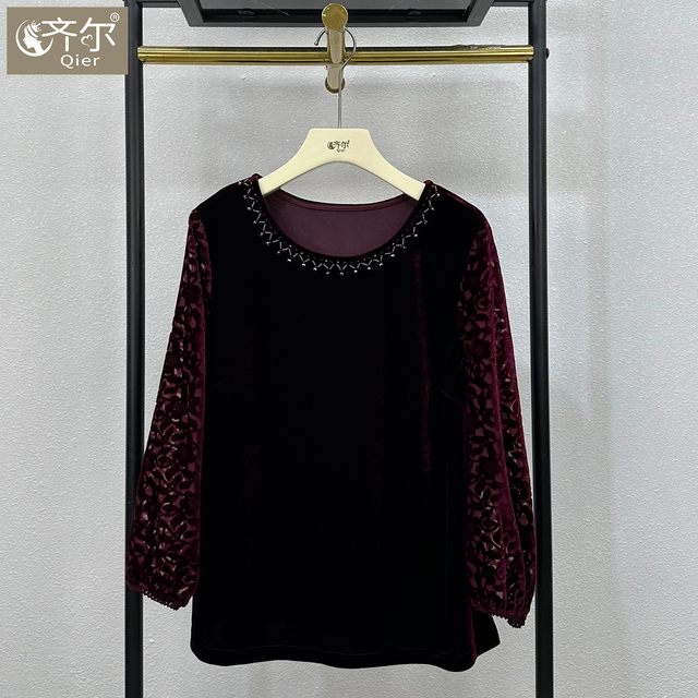 
Heavy Industry Beaded Lady Temperature Velvet Top High-end New Fashionable Small Shirt Large Size Mom Autumn Shirt