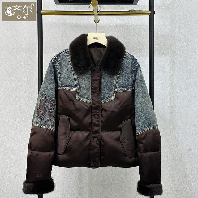 
Haining new winter style real mink fur spliced denim warm white goose down down jacket fur coat for women European station