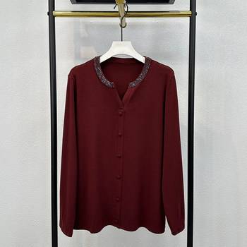 
Young mother diamond-inlaid V-neck pullover sweater spring and autumn new fashionable age-reducing inner wear middle-aged and elderly base top