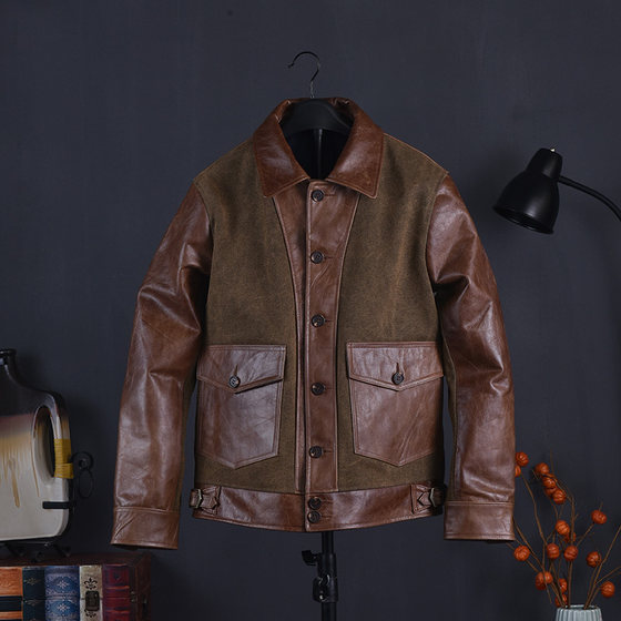 Heavy men's American retro oil wax canvas stitching sheepskin leather leather jacket jacket outer leakage benefits
