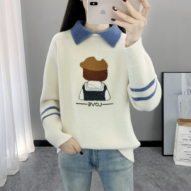 Sweater for women in autumn and winter junior high school students, big children wearing dolls inside, two fake velvet thickened warm bottoming shirts
