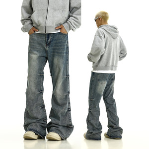 
American high street retro washing pleated jeans men and women loose versatile street bombing couple straight flared trousers trendy