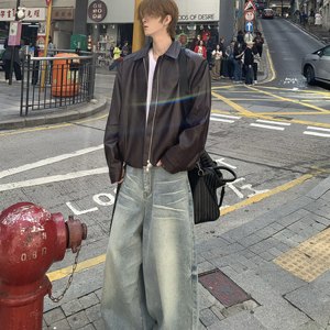 
Med old uncle high quality lapel loose flying PU leather jacket commuting casual jacket men cleanfit trendy