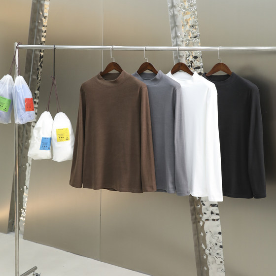 Upgraded model! Double-sided velvet! Warm and not bloated! Men's solid color with half-high neck base shirt
