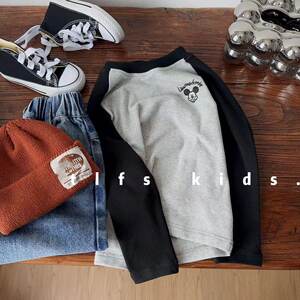 
Children's 2025 new autumn Korean style contrasting color splicing long-sleeved T-shirts for boys and girls, versatile casual bottoming tops, trendy
