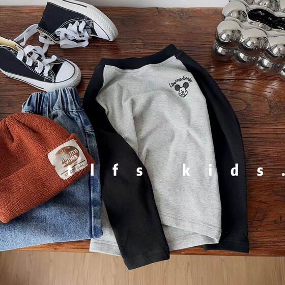 
Children's 2025 new autumn Korean style contrasting color splicing long-sleeved T-shirts for boys and girls, versatile casual bottoming tops, trendy