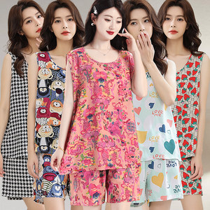 Summer sleeveless vest pure cotton silk pajamas short sleeves two -piece set of women in summer sling thin artificial cotton home uniform