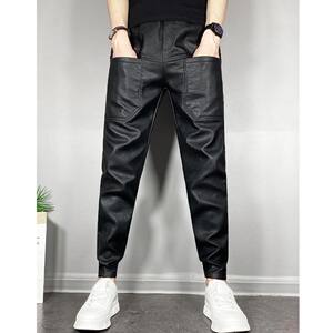 Autumn and winter elastic warm slim fit PU leather pants for men, internet famous motorcycle teenagers, multi pocket Haren long pants