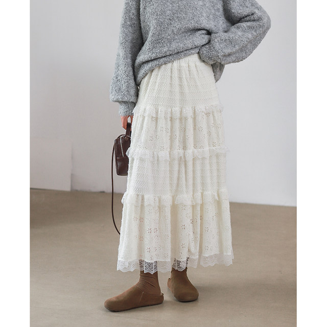 Fildan Lace Cake Layer Spliced ​​Elastic Waist Skirt, slim and sweet bottoming skirt, 8282