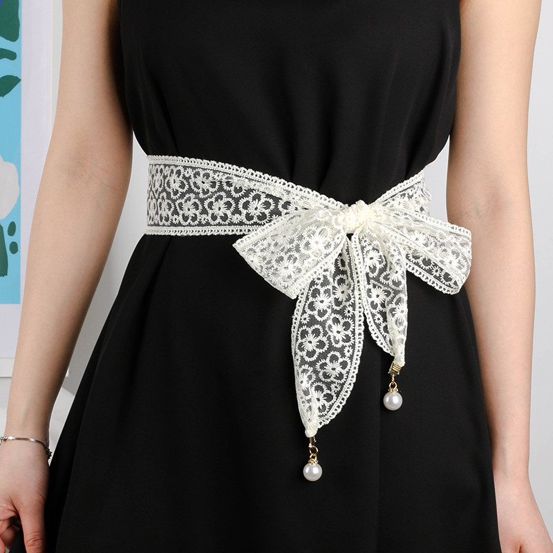Ceinture en dentelle beige pour femme, ceinture en tissu avec nœud