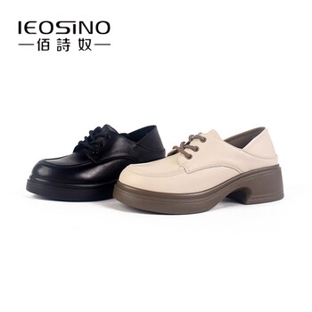 Baishinu genuine leather shoes for women in spring 2025 new thick medium heel lace-up Oxford shoes casual deep mouth shoes
