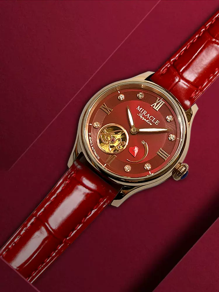 正品女表全自动机械表红色女士手表女高档气质时尚瑞士2024新款