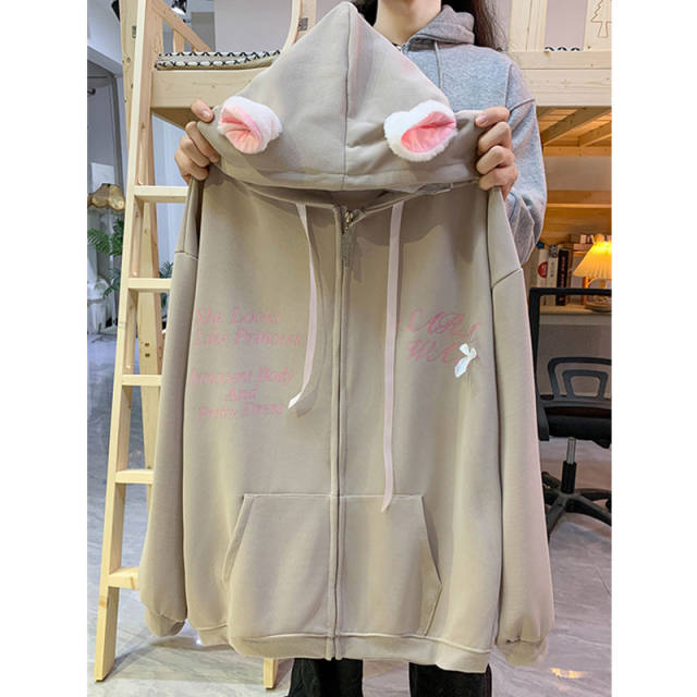 Cat ear hooded sweatshirt for women in autumn and winter oversize plush velvet thickened jacket loose lazy style cardigan top
