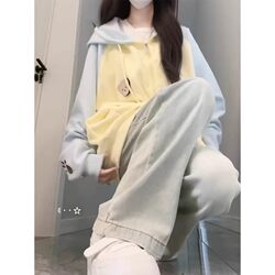 Bear Patch Color-Blocked Hooded Sweatshirt for Women, Spring and Autumn, Oversized, Thin, Loose, Casual Cardigan Jacket Top
