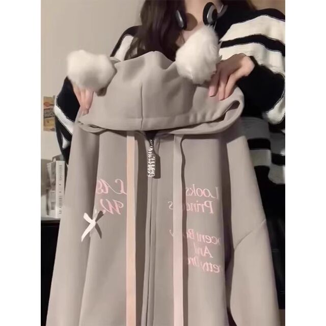 Cat thin hooded sweatshirt for women with spring and autumn 2025 new oversize loose cardigan lazy style jacket